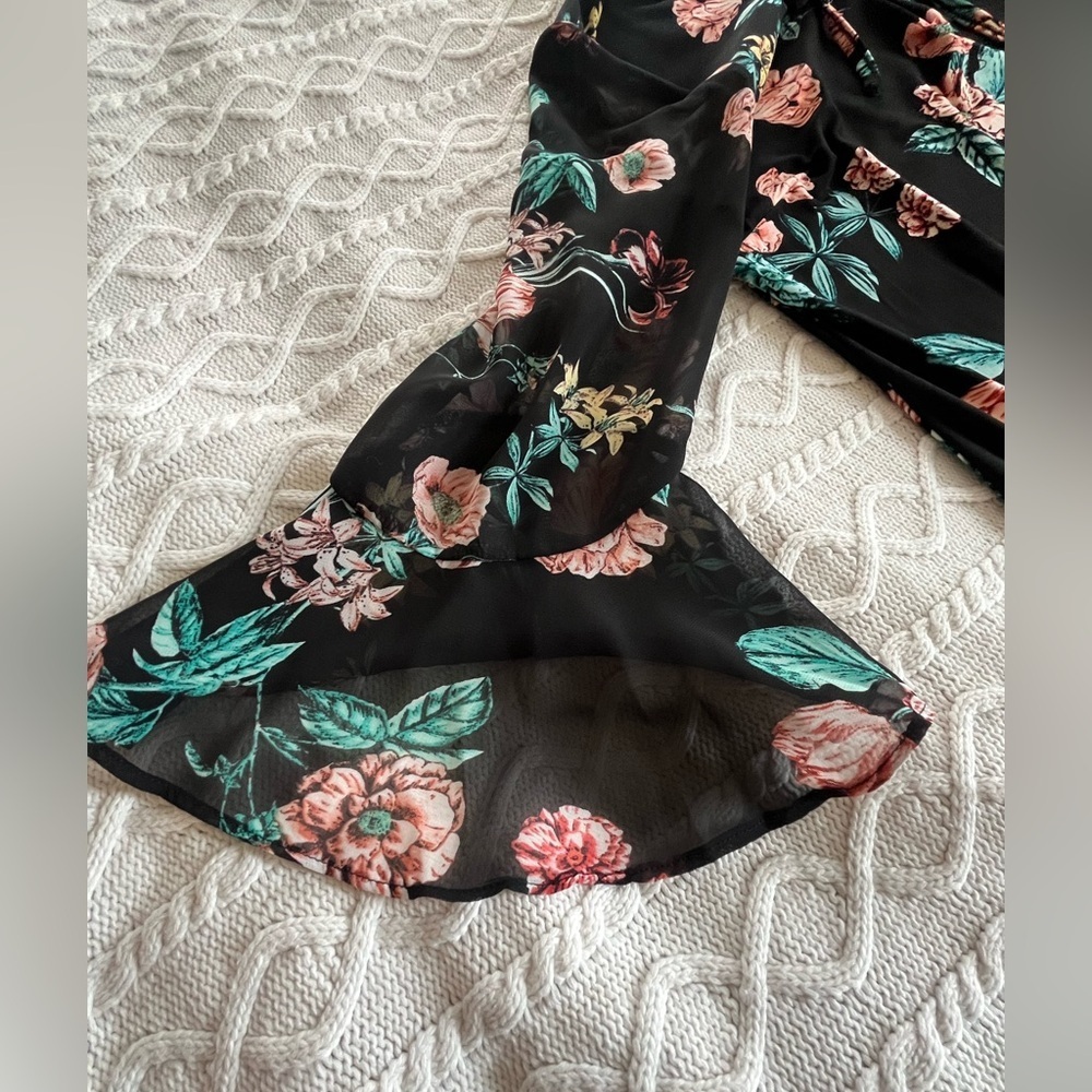 Roz & Ali Black Floral Tie-Front, Sheer Long Sleeve Dress Women’s Size Medium - Picture 13 of 15
